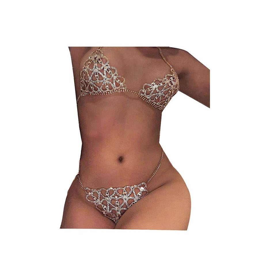 Sparkly Rhinstone Underwear Set Crystal G-String Thong Shinny Panties and Bra Top for Women Sexy Body Chain