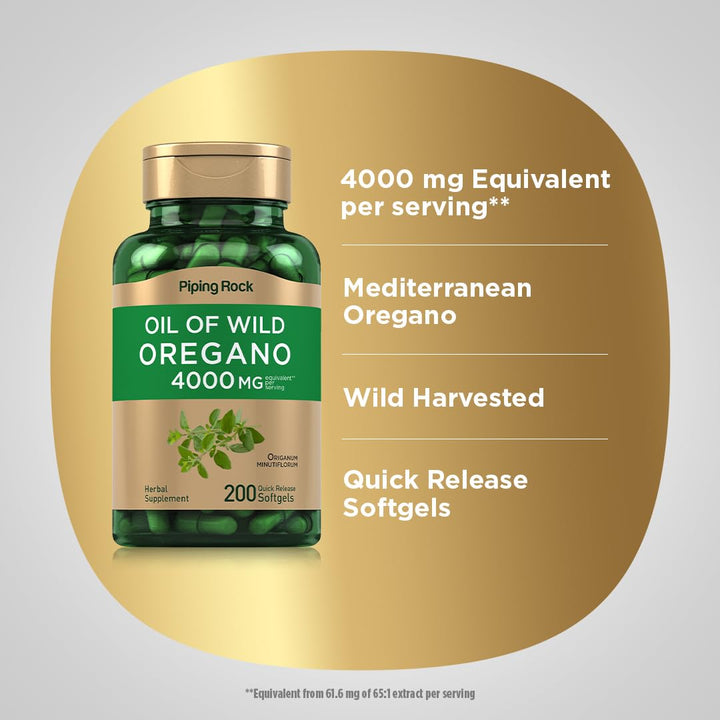 Piping Rock Oregano Oil Capsules 4000mg | 200 Pills | Herbal Extract Supplement | Wild Harvested | Non-GMO, Gluten Free