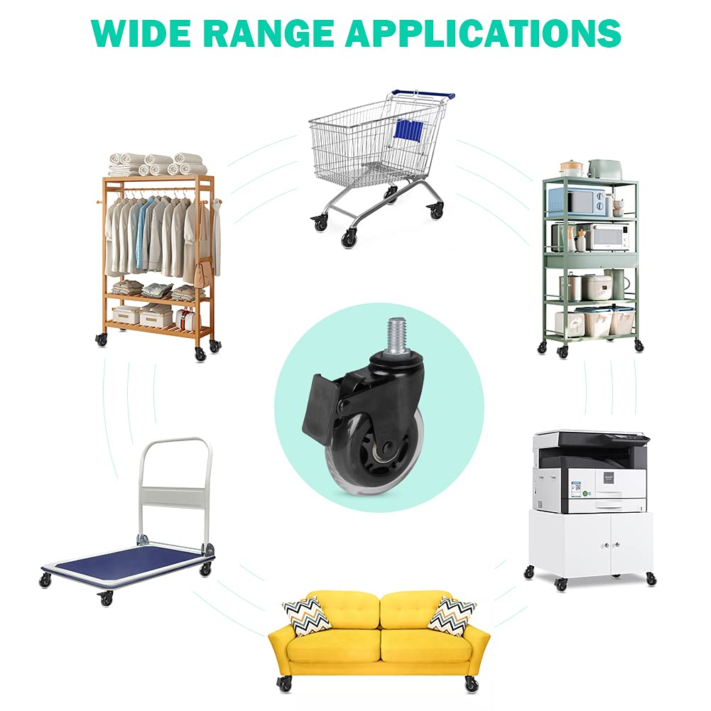 3 Swivel Caster No Noise Industrial Castors with Thread Stem 1/2-13 Locking Casters for Furniture DIY Tools with Hex Lock Nuts(2 with Brakes &amp; 2 without)