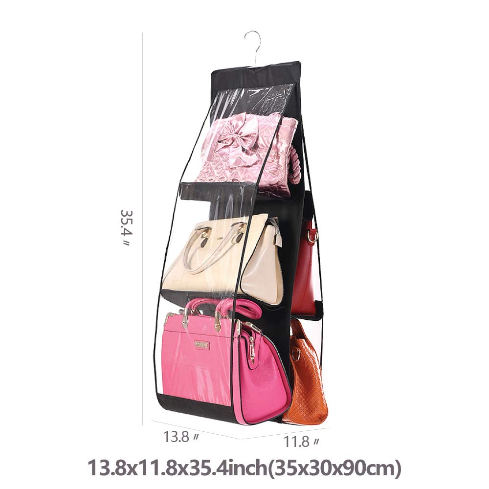 Hanging handbag Organizer Storage Holder Purse Clutch hanger bags for Closet Wardrobe with 6 Larger Pockets, Black