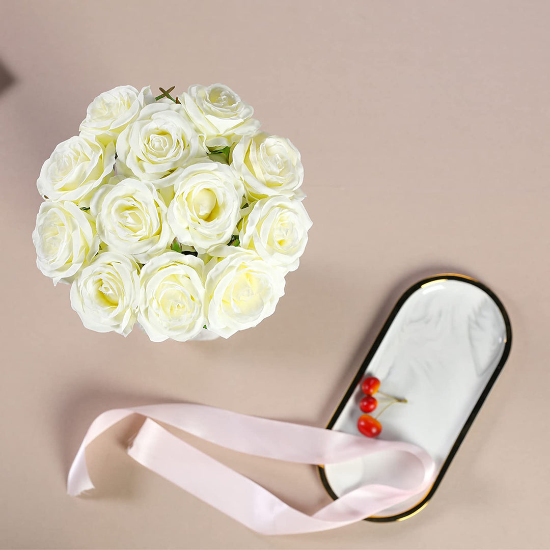 12PCS Artificial Silk Flowers Realistic Roses Bouquet Long Stem for Home Wedding Decoration Party (12PCS-Cream White 1)