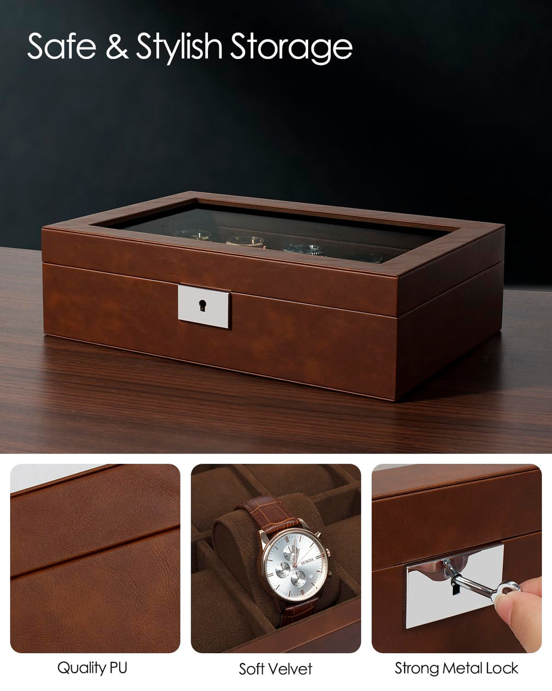 Watch Box, Luxury 10 Slot Watch Case with 55MM Wide Velvet Pillows, Watch Organizer Storage with Real Glass Lid, Watch Display Case for Men and Women Gift, Brown