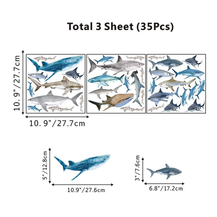 Ocean Animal Shark Wall Decal, Under The Sea Marine Life Theme Sticker for Kids Room Bathroom Nursery Undersea Fishes Wall Art Decor (35Pcs)