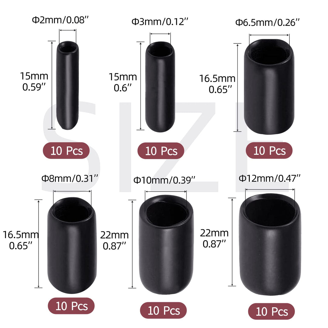 Rubber End Caps 60pcs Flexible Screw Thread Protector Caps Bolt Cover Rubber Bolt Covers Caps,Rubber Screw Caps for Metal Tube Rod Bolt in 6 Size 2mm,3mm,6.5mm,8mm,10mm,12mm