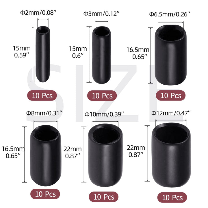 Rubber End Caps 60pcs Flexible Screw Thread Protector Caps Bolt Cover Rubber Bolt Covers Caps,Rubber Screw Caps for Metal Tube Rod Bolt in 6 Size 2mm,3mm,6.5mm,8mm,10mm,12mm