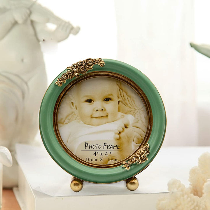 4x4 Picture Frames Small Vintage Picture Frames Green Round Picture Frame Circular Mini Picture Frame, Tabletop and Wall Mount (Green and Gold)