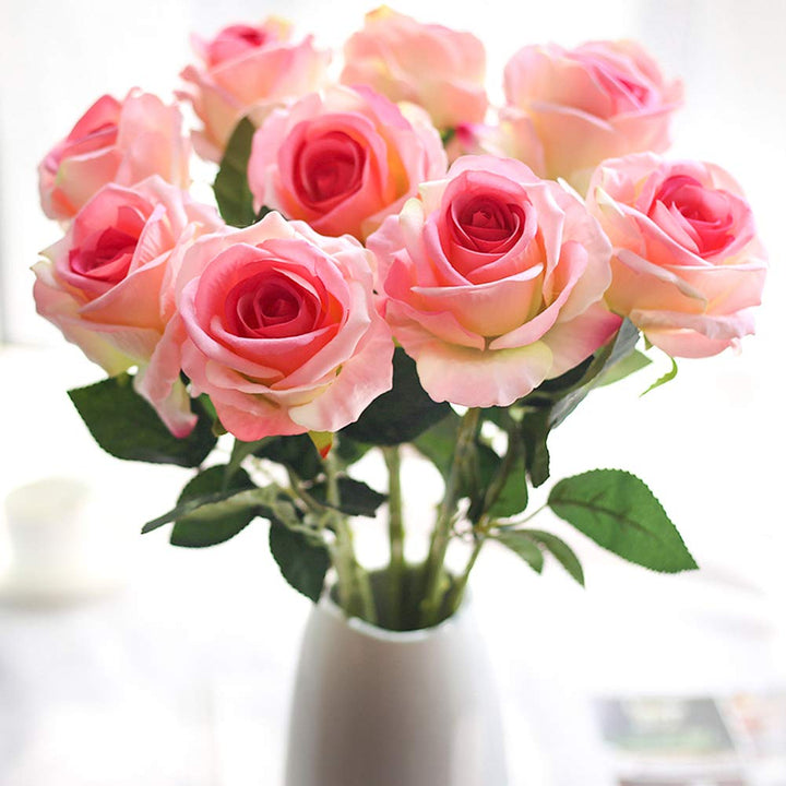 Artificial Silk Rose Flowers 12pcs Real Looking Fake Big Roses Velvet Roses Bridal Bouquet Wedding Home Kitchen Decorations or Gift (Pink and Red)
