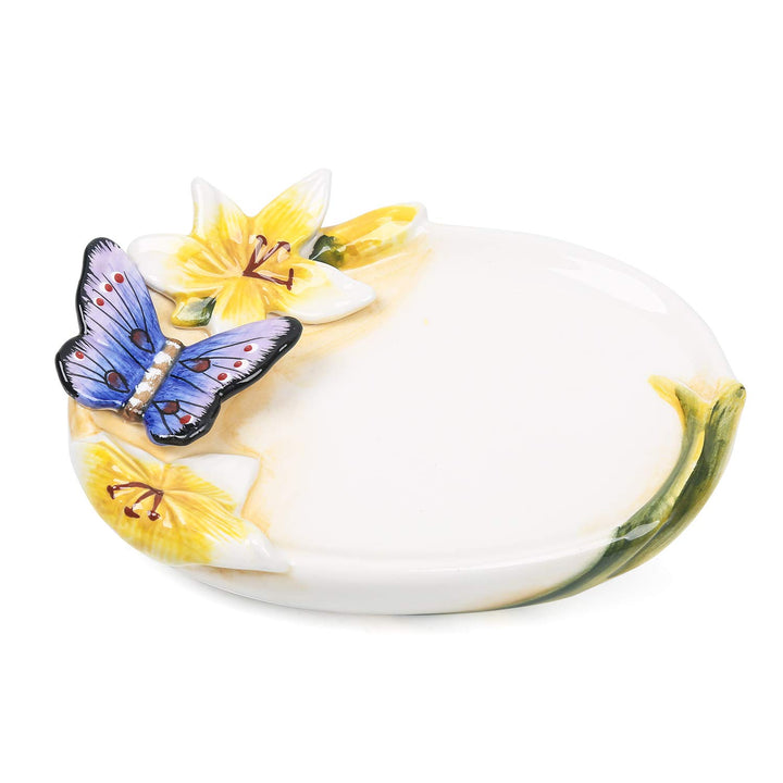 Ceramic Soap Dish Holder, for Bathroom,Tub and Kitchen Sink,3D Butterfly and Lily Design