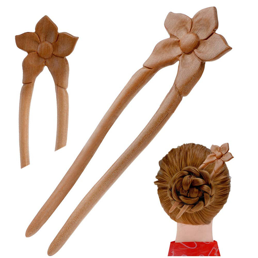 Handmade Carved 2-Prong Wooden Hairpin vintage Chopsticks Chinese Decorative Accessory Wood Floral Hair Stick Peachwood