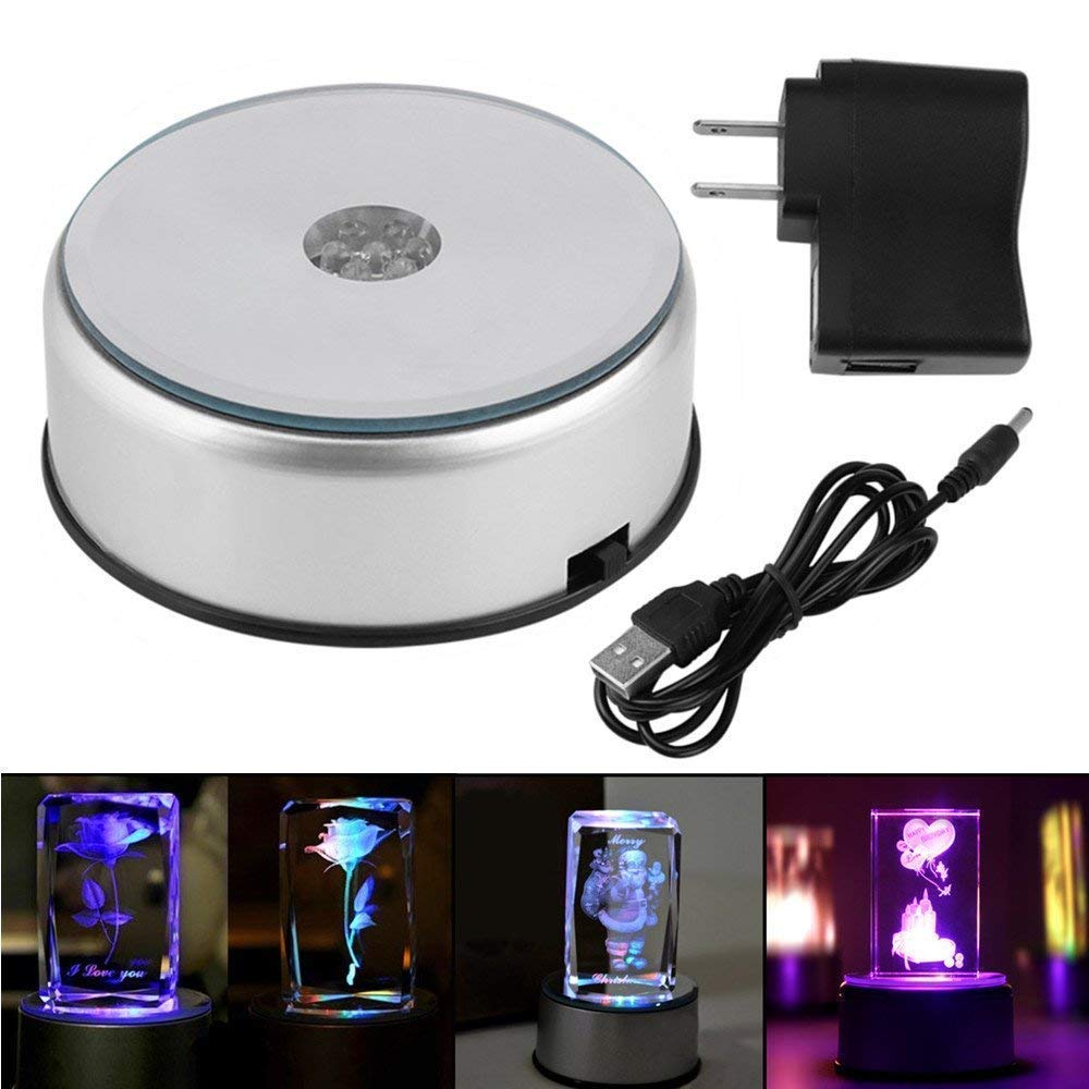 Display Turntable Base for Crystals Glass Art,4 7 LED 7 Colored Rotating Crystal Display Base Stand with AC Adapter,for Crystals Glass Jewelry Art