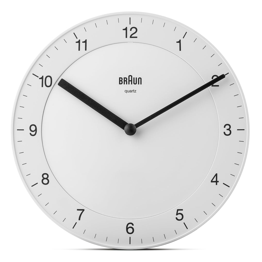 Braun Classic Analogue Wall Clock with Quiet Quartz Movement, Easy to Read, 20cm Diameter in White, Model BC06W.