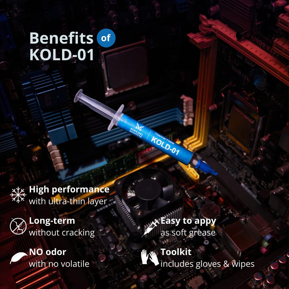 KOLD-01, High Performance Silicone Thermal Paste for Cooling All CPU/Heatsinks, Silicone Paste Designed for Easy Spreading, Inc. Gloves & Cleaning Wipes, No Odor (1.4ml/3.6g)