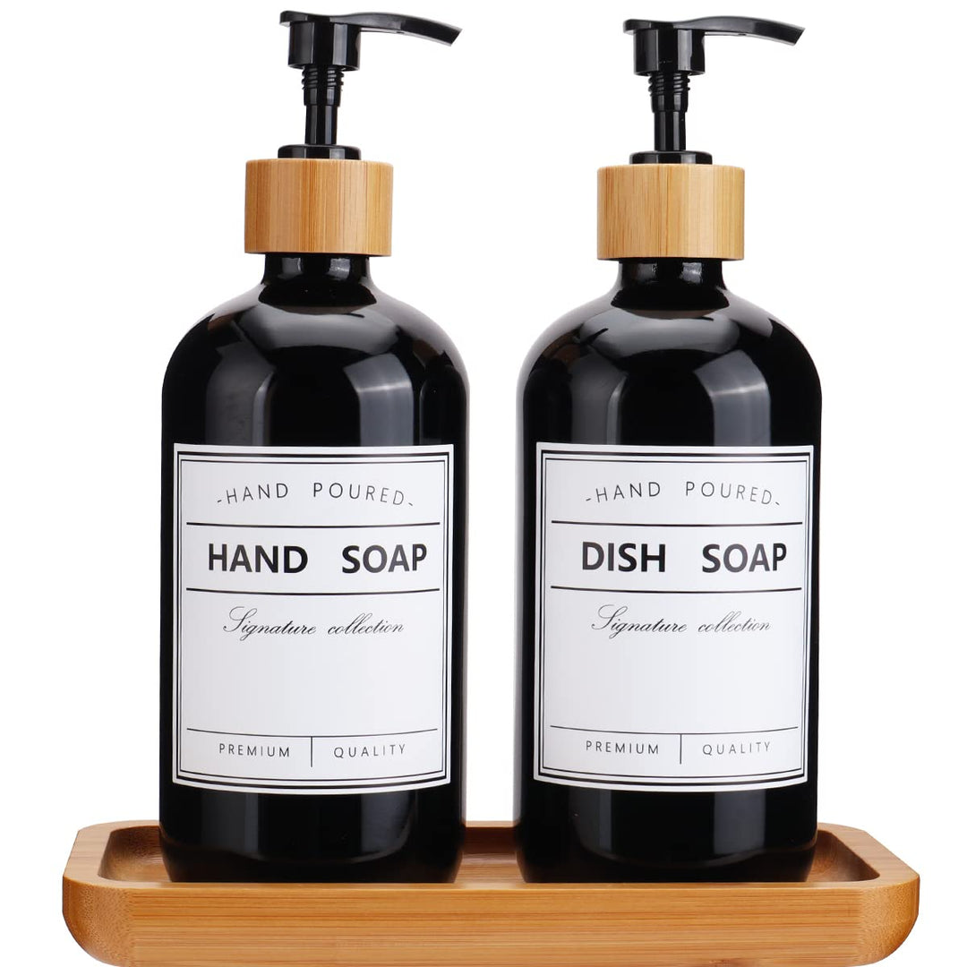 Black Glass Soap Dispenser with Pump 16oz Bottle Set of 2 and Bamboo Tray | Vintage Soap Dispenser with Waterproof Labels Bathroom and Kitchen Set