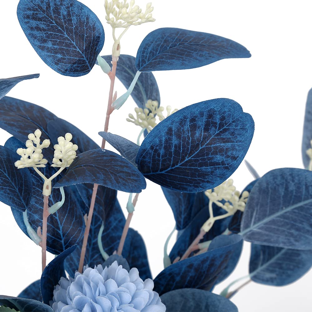 Blue Fake Flowers Bouquet Artificial Hydrangea Flowers Blue Chrysanthemum Silk Flowers for Fake Flower Arrangements Blue Decor Home Indoor Dining Table Decor (Without Vase, Dark Blue)