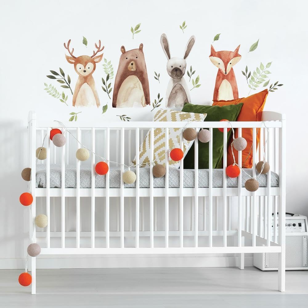 RMK4020SCS Watercolor Woodland Critters Peel and Stick Wall Decals, Brown, Gray, Green, Orange, Tan