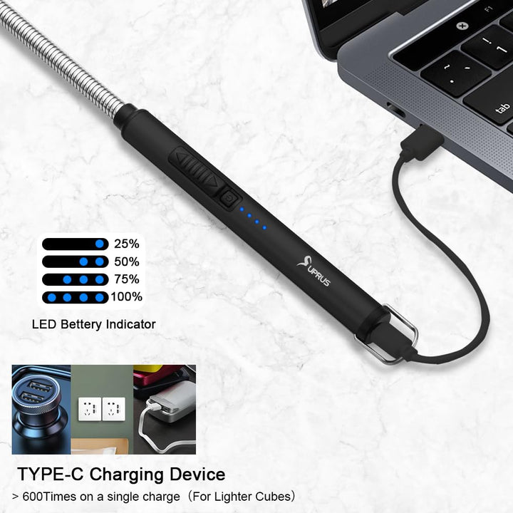 SUPRUS Electric Lighter Candle Lighter USB Type C Rechargeable Lighter Steel Shell & Hanging Hook with 360° Flexible Neck(Black)