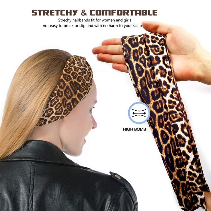Boho Cross Leopard Headband Wide Elastic Turban Hair Band Yoga Head Wraps for Women and Girls (Pack of 3)