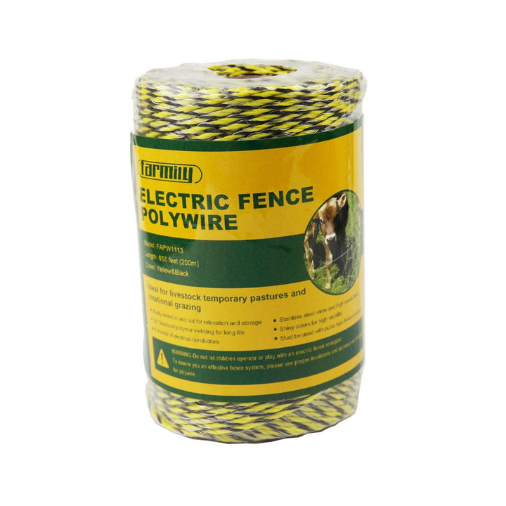 Portable Electric Fence Polywire, 656 Feet 200 Meter, 6 Conductors, Yellow and Black Color, Easy to Install Repair Splice and Rewind