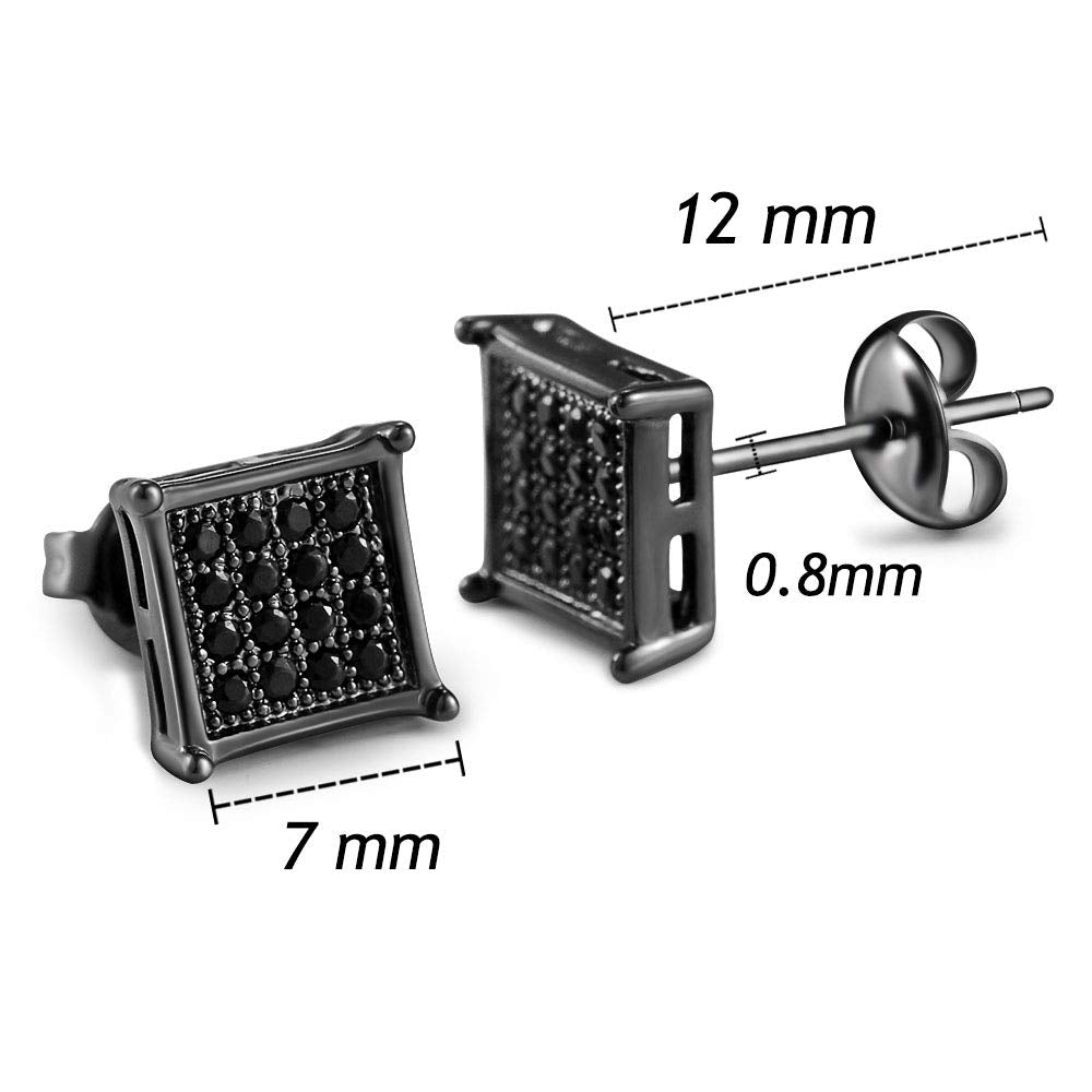 Mens Square Earrings Black Stud Diamond Crystal Small 316L Surgical Stainless Steel Post for Sensitive Ears Cool Guy Jewelry Gift Men, Women Unisex 7mm -
