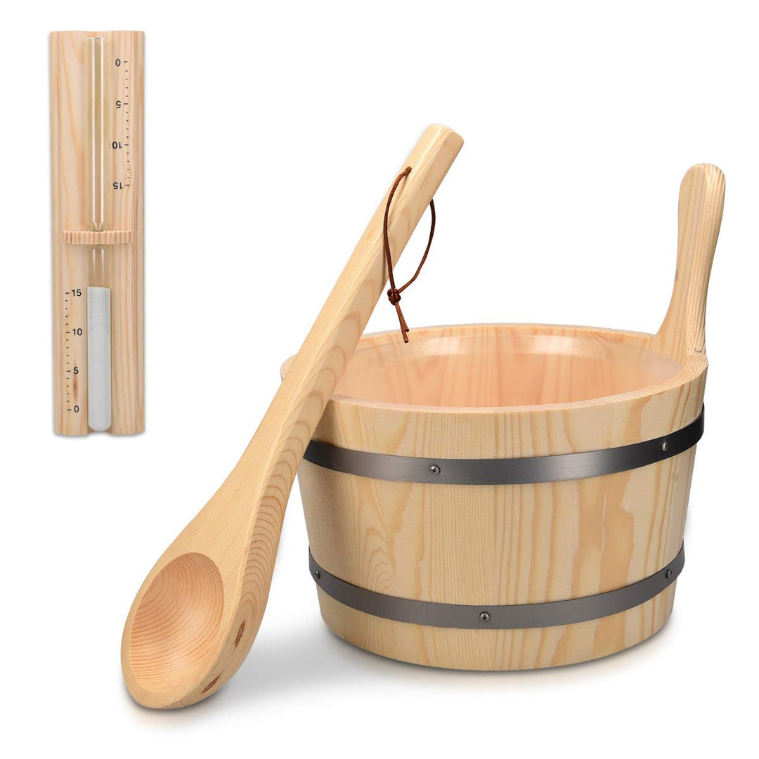 Wooden Sauna Bucket with Ladle - Essential Spa Accessory for Steam Room with 1.3 Gallon Pine Wood Bucket, Plastic Liner, Ladle, Sand Timer