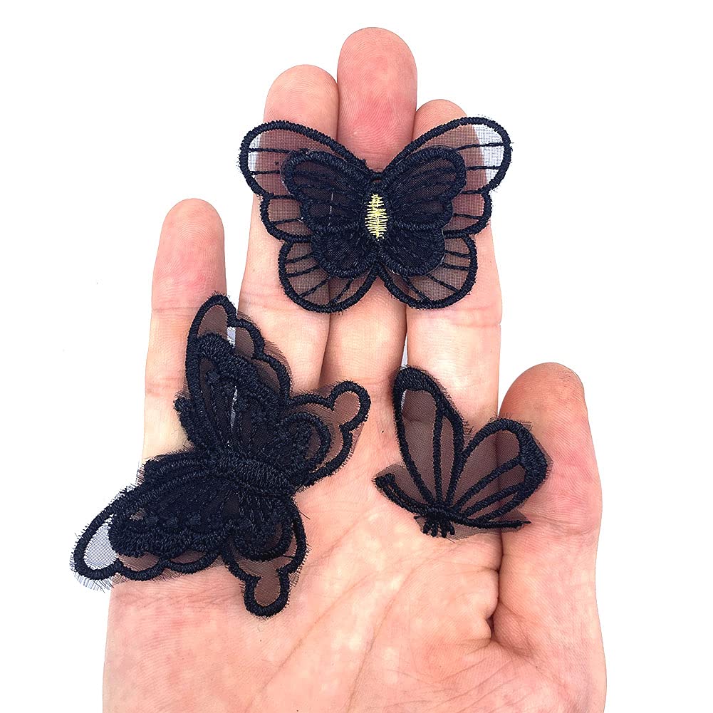 30 PCS Double Layers Lace Butterfly Applique Embroidery Butterfly Sew Iron On Patch, Organza Patches Butterfly Applique for Wedding Bridal Dress Sewing Craft DIY Clothes Hair Ornaments etc (Black)
