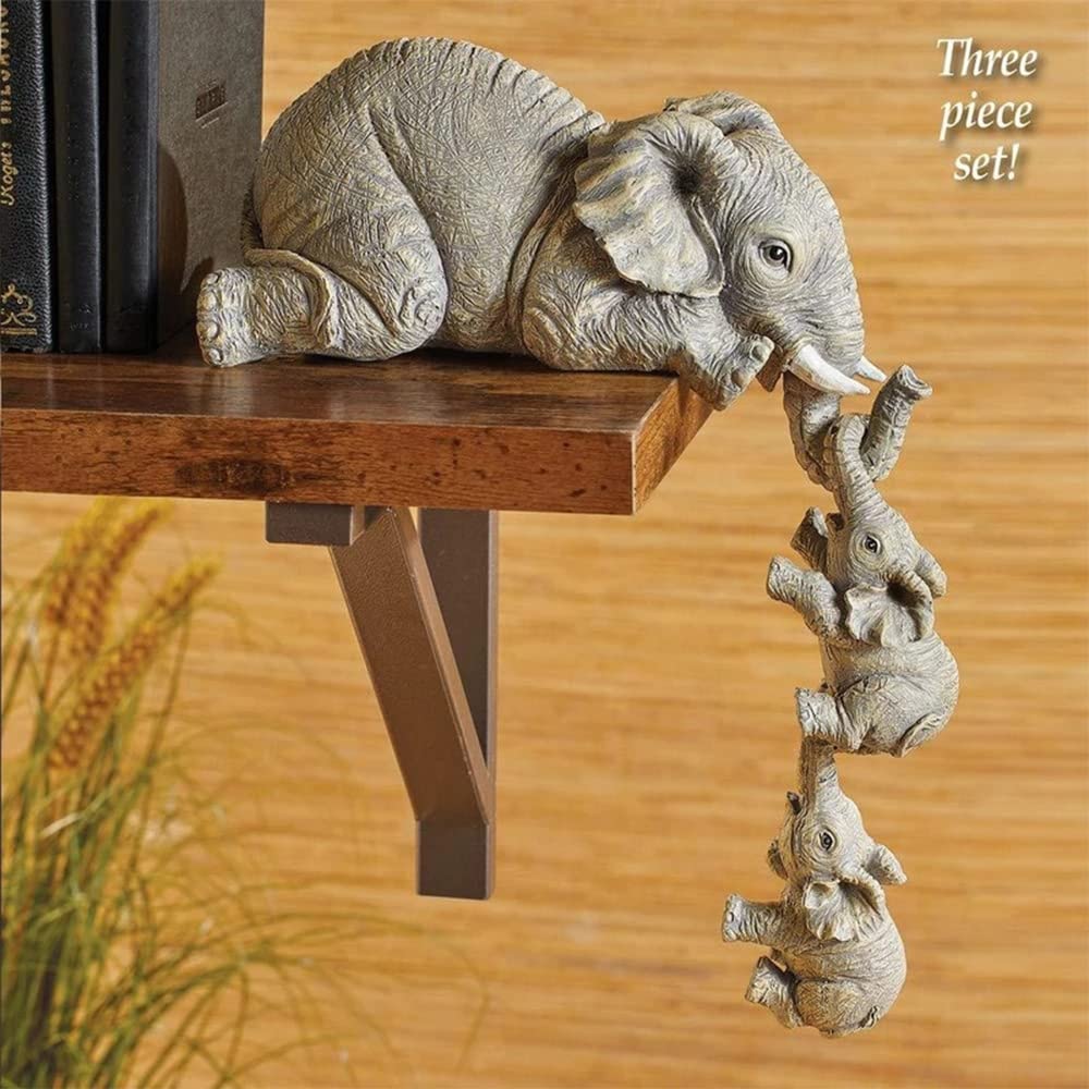 3 Set Elephant Shelf Sitter, Mother Elephant Hanging 2 Baby Elephants on The Edge, Hand-Painted Resin Collectable Figurines for Home Decor Gift