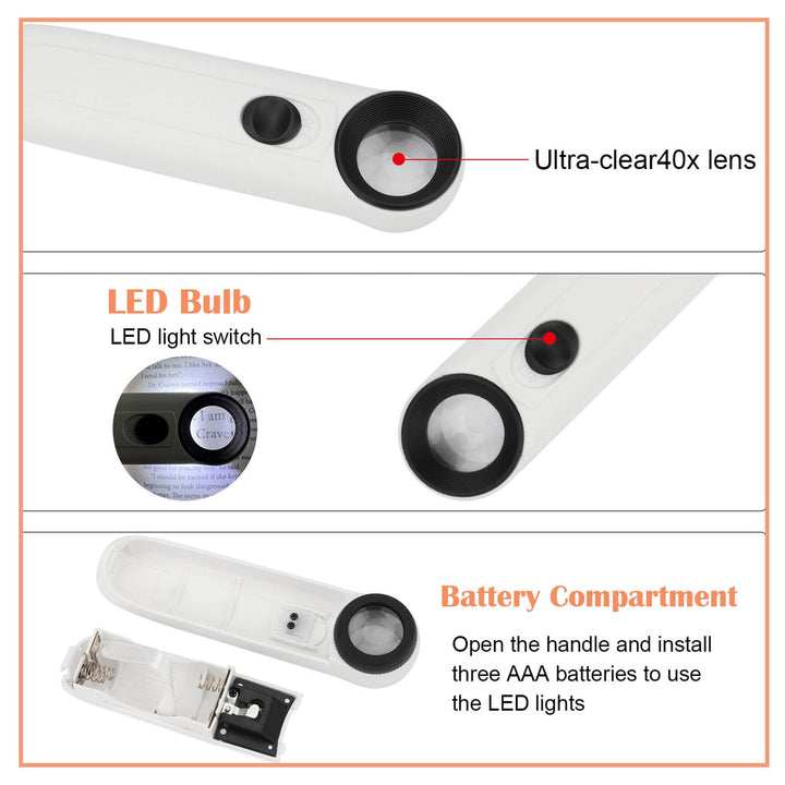 40X Handheld Magnifier High Power Hand Held Illuminated Magnifying Glass Jeweler Eye Jewelry Loupe Leather Case for Reading Maps Jewelry Watch Repair Tool