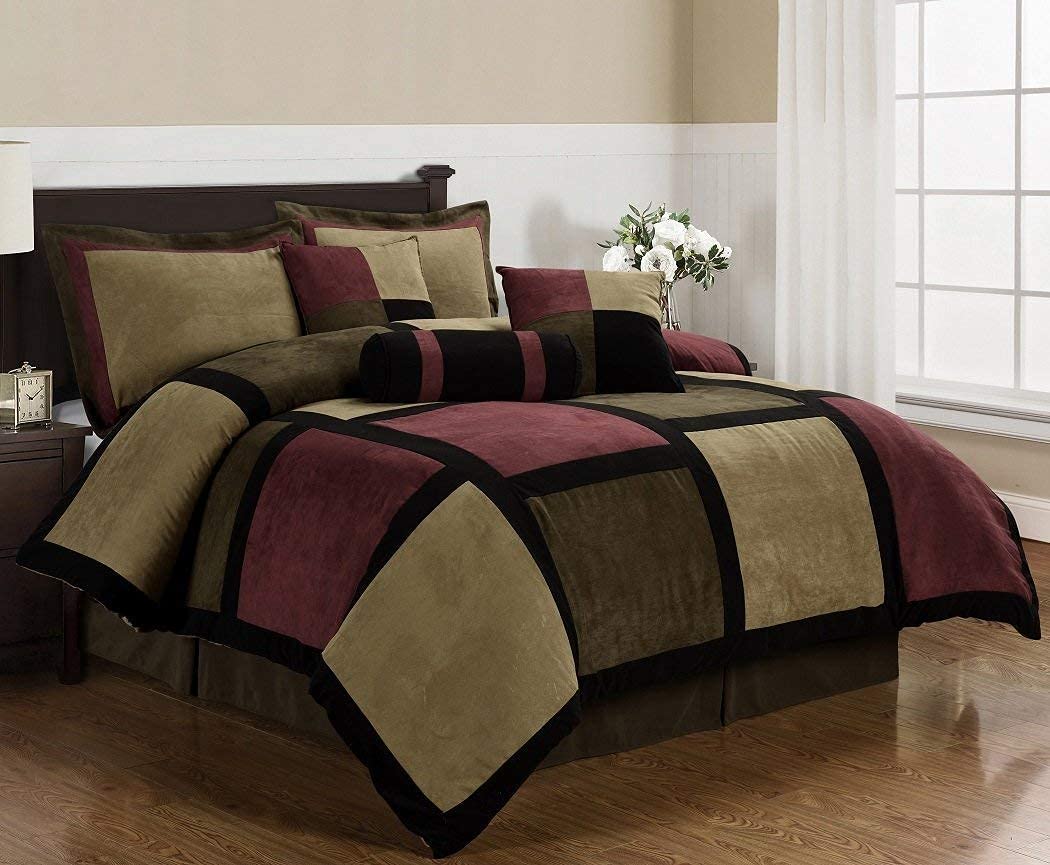 7-Piece Burgundy Brown Black Micro Suede Patchwork Comforter Set, King