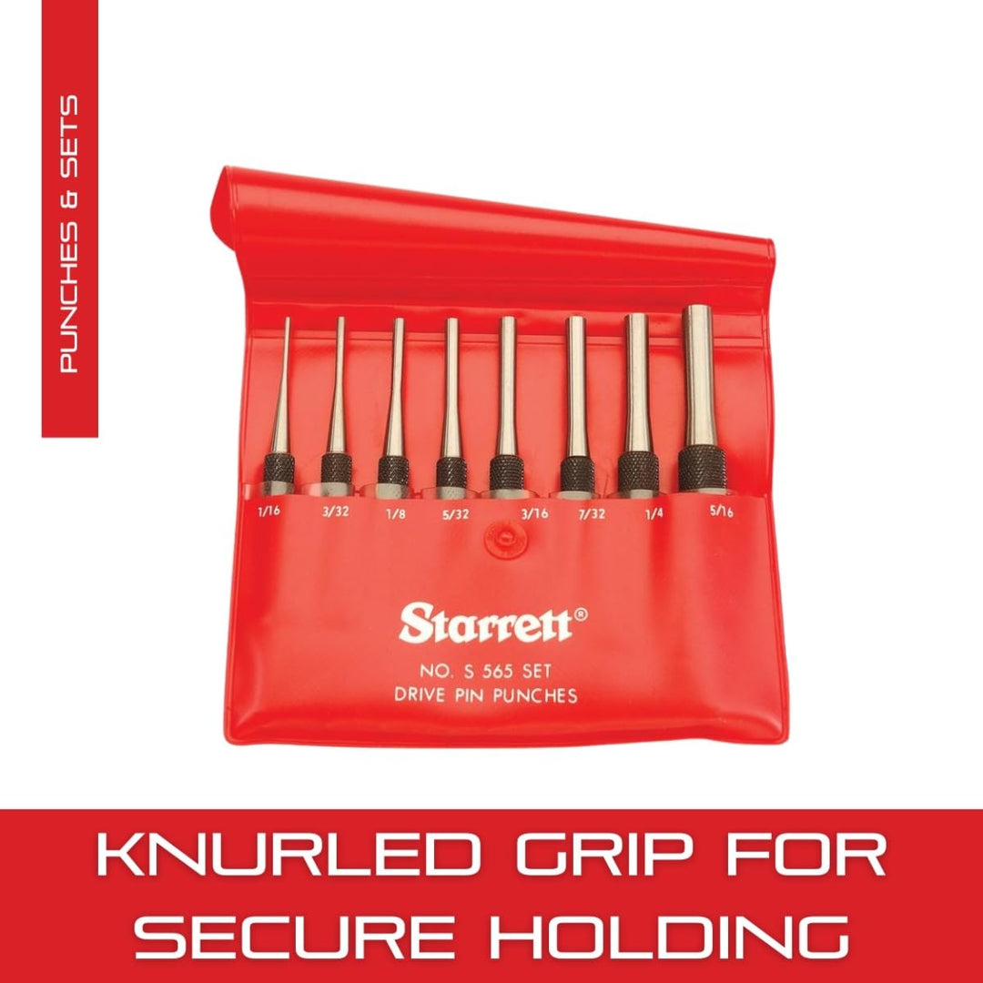 Drive Pin Punch Set with Knurled Grip and Protective Vinyl Case - 4 Length, 1/16, 3/32, 1/8, 5/32, 3/16, 7/32, 1/4, 5/16 Punch Diameter - S565PC