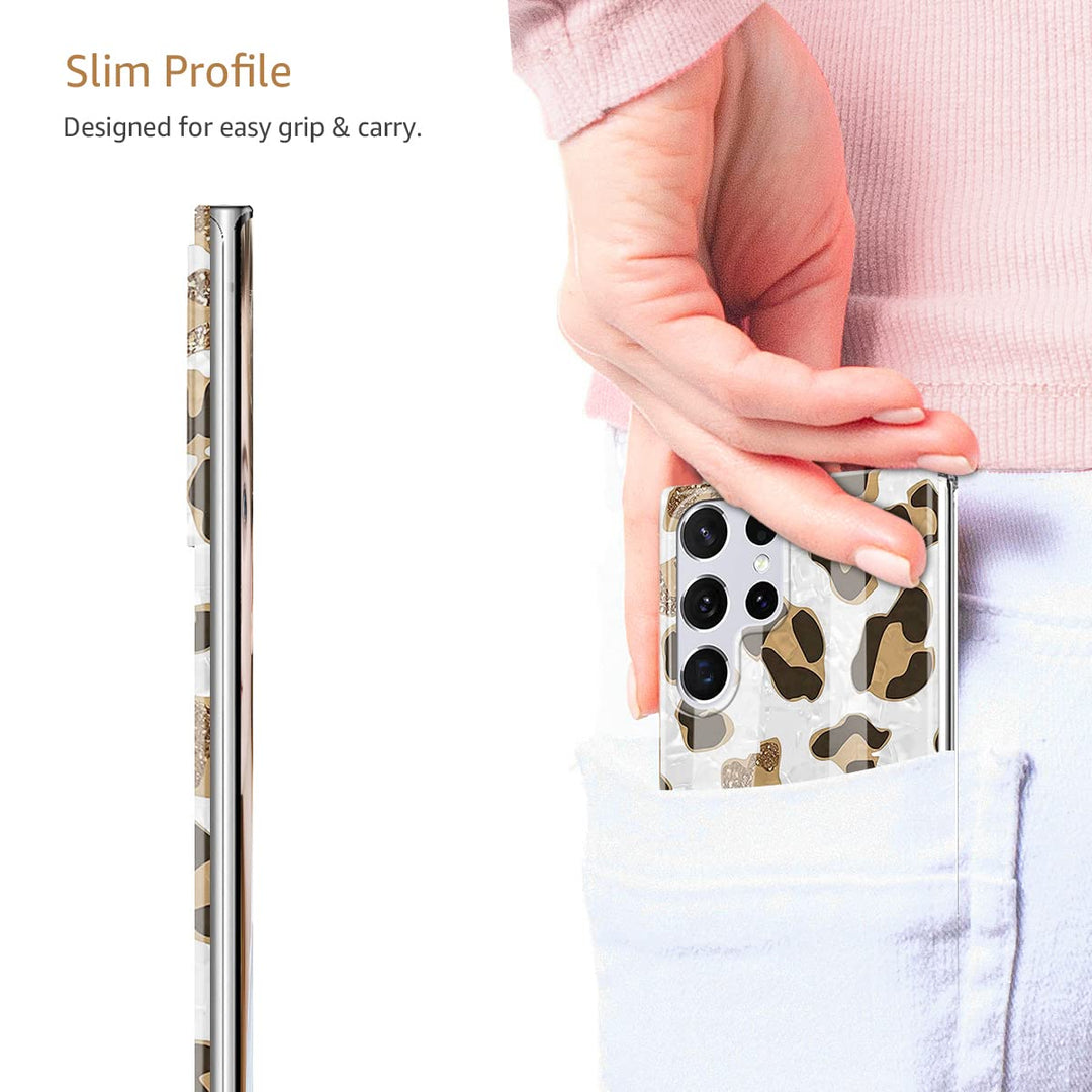 for Samsung Galaxy S22 Ultra Case, Cute Design with Leopard Print Phone Case for Women Girls, Soft Silicone Cover with Sparkly Pearly-Lustre Shell for Galaxy S22 Ultra 5G, White/Leopard