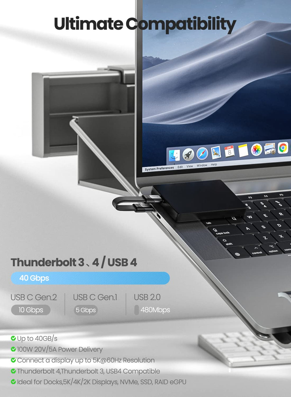 Short USB 4 Cable 6-inch/15cm 100W 40Gbps USB C to USB C Cable with 5K@60Hz Video Output Compatible for Thunderbolt 4/3 Port MacBook Pro Mac Mini External SSD Hub Docking Monitor Display eGPU