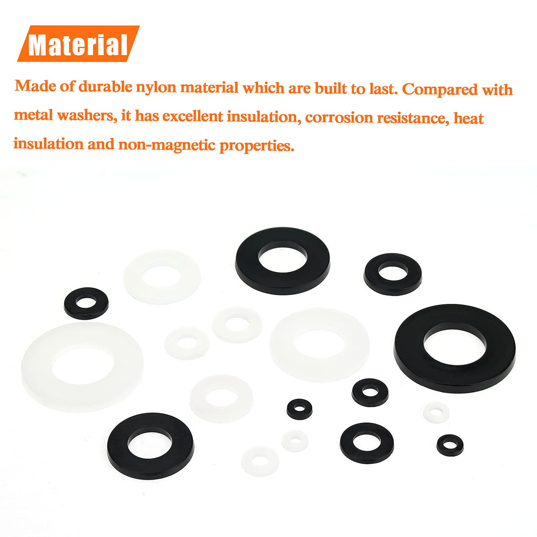 1000 Pieces 9 Sizes White/Black Nylon Flat Washers Assortment Kit - M2 M2.5 M3 M4 M5 M6 M8 M10 M12