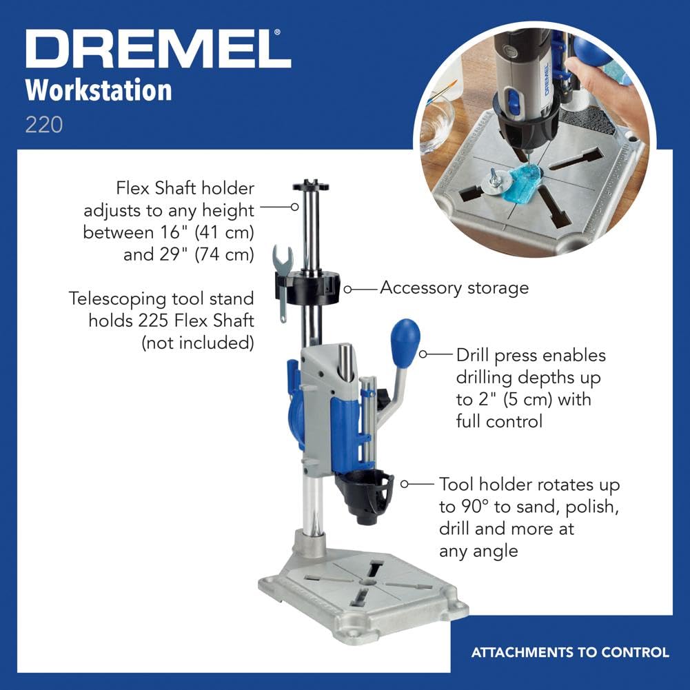 Drill Press Rotary Tool Workstation Stand with Wrench - Mini Portable Press &amp; Tool Holder - 2 Inch Depth- Ideal for Drilling Perpendicular and Angled Holes - 220-01
