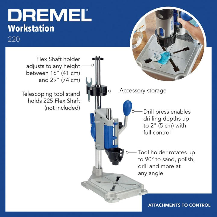 Drill Press Rotary Tool Workstation Stand with Wrench - Mini Portable Press &amp; Tool Holder - 2 Inch Depth- Ideal for Drilling Perpendicular and Angled Holes - 220-01