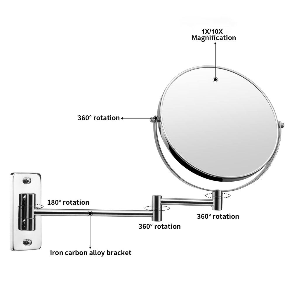 Magnifying Mirror,Makeup Mirror Wall Mounted,8 Inch Magnifying Makeup Mirror,1X/10X Magnifying Mirror Wall Mounted,360 Rotation Vanity Mirror,Chrome Finish