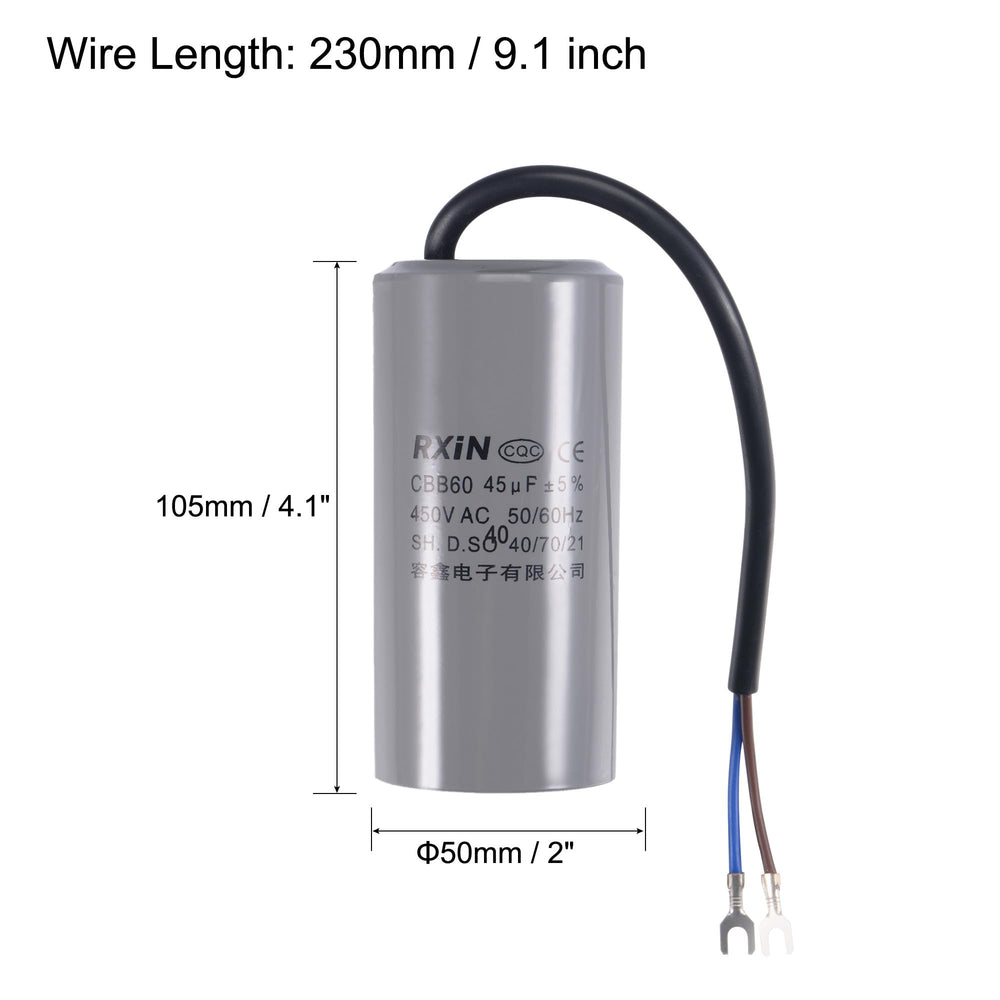 CBB60 Run Capacitor 45uF 450V AC 2 Wires 50/60Hz Cylinder 105x50mm with Terminal for Air Compressor Water Pump Motor