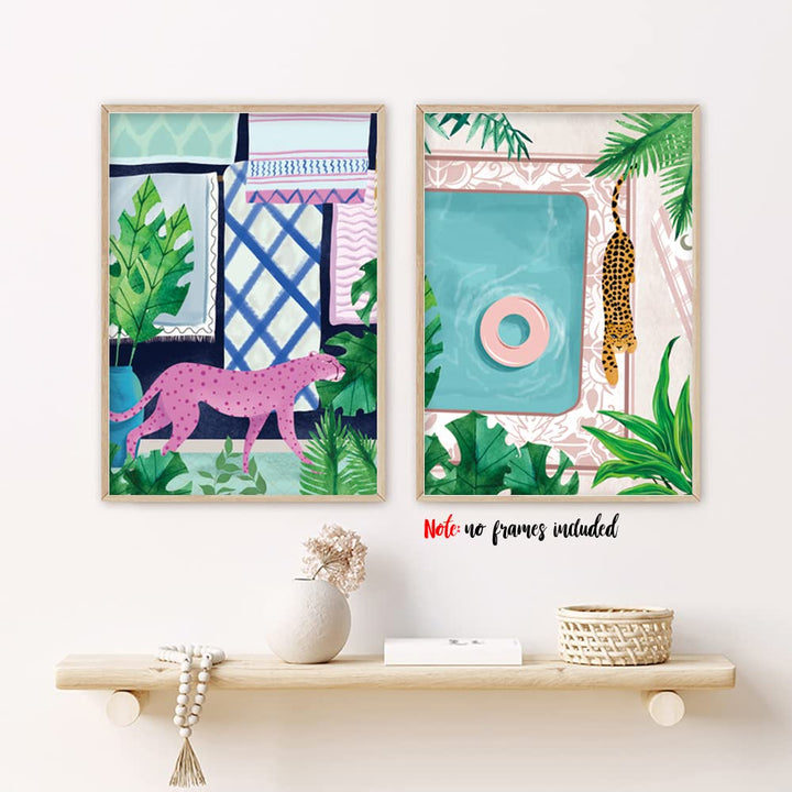 Moroccan Jungle Animal Wall Art Print - Leopard Tiger Bear Elephant Sloth Canvas Print - Forest Animal Tropical Plant Artwork for Kids Bedroom Decor (Set of 6) - Unframed - 8X10 inch