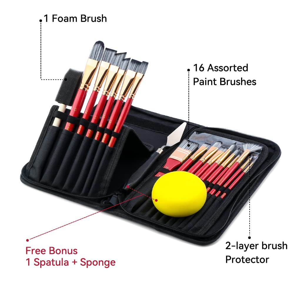 Transon Art Paint Brush Kit 16 Paint Brushes with Foam Brush Sponge Spatula and Brush Case for Oil, Acrylic, Watercolor, Gouache, Painting Pink Color