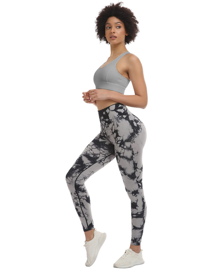 3 Piece Workout Leggings Sets for Women, Gym Scrunch Butt Butt Lifting Seamless Leggings (Tie Dye Black, L)