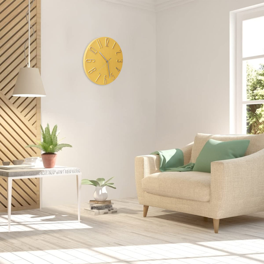 12 Inch Minimalist Yellow Analog Quartz Wall Clock, Battery Operated, Decorative, Unisex