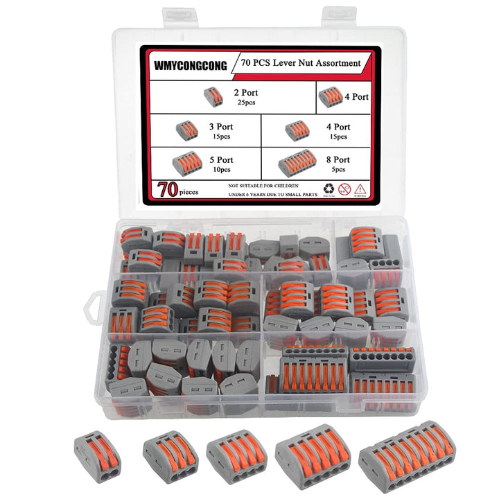 70 PCS Lever Nut Assortment Lever Wire Connector Nuts Conductor Compact Splicing Wire Connectors 2/3/4/5/8 Port