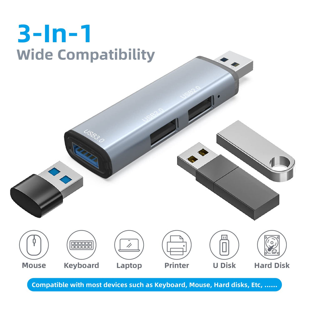 USB 3.0 Hub Splitter, 3-Port Data USB Hub Extender with USB C Adapter Applicable for iMac Pro, MacBook Air, Mac Mini/Pro, Surface Pro, Notebook PC, Laptop, USB Flash Drive, grey (106)
