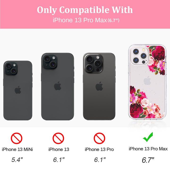 ACKETBOX for iPhone 13 Pro Max Case,with Screen Protector & Camera Lens Protector+Ring Bracket,Floral Phone Cover Designed for iPhone 13 Pro Max 6.7(Big Red Flower 01)
