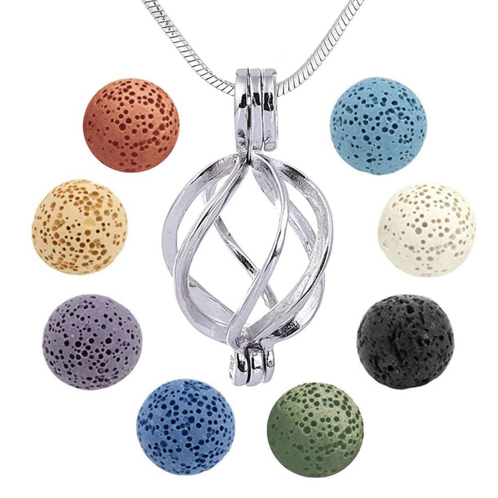 Essential Oil Diffuser Necklace Twisted Ball Aromatherapy Locket Pendant with 8 Lava Stone Balls 0.24&#39;