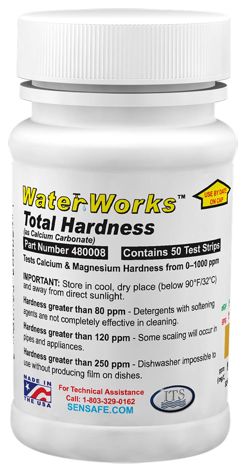 WaterWorks 481108 Total Hardness Test Strip, 3 Second Test, 0-1000ppm Range, Our #1 Test Strip for Total Hardness, Bottle of 50 Tests, Tan
