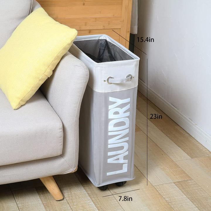 Slim rolling Laundry hamper Narrow cloth hamper Skinny laundry hamper with Wheels Waterproof Clothes hamper Fabric baskets for laundry(Beige plus light grey)