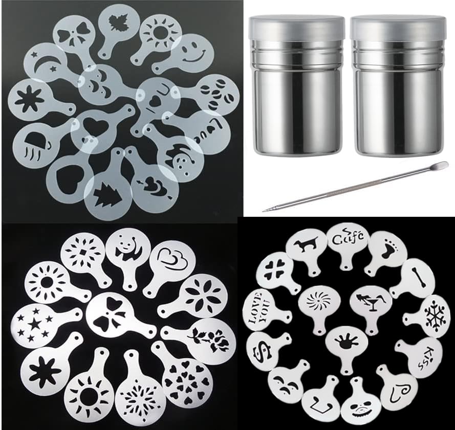 44 Cookie Stencils+2 Mesh Powder Shakers+1 Coffee Latte Art Pen, Cake Stencils Coffee Decoration Stencils Coffee Art Templates Coffee Mold Tool for Christmas Thanksgiving Cake Coffee