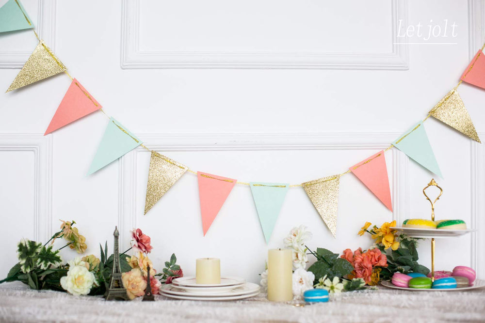 10 Feet Mint Coral New Years Banner Decoration New Year Eve Supplies Paper Banner Garland Glitter Gold Pennant Banner for Baby Shower Birthday Party Nursery Decoration 15 Pieces (Gold Coral Mint)