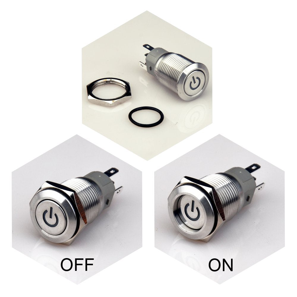 Latching Push Button Switch U16F5 1NO1NC SPDT ON/Off Silver Stainless Steel Shell with Green Power Symbol LED Suitable for 16mm 5/8 Mounting Hole (Green)