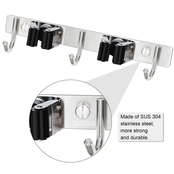 Stainless Steel Broom Mop Holder with 2 Racks and 3 Hooks, Wall Mounted Storage Organizer for Home, Kitchen, Garage, Garden